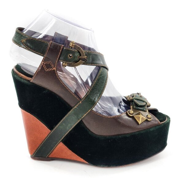 GUILLAUME HINFRAY Brown Green Leather Velvet Platform Wedge Sandals - Picture 1 of 8